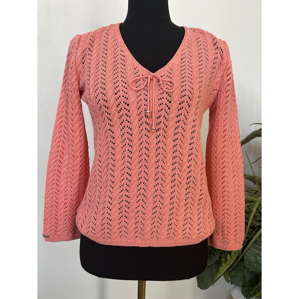 St. John Sport Pointelle Knit Sweater Coral V-Neck Tie Accent Crochet Coastal S